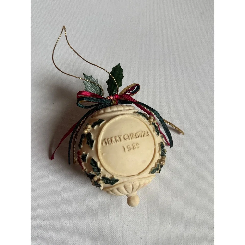 Vintage 1989 Merry Christmas Ornament Poinsettia Holly Ribbon Commemorative 3in